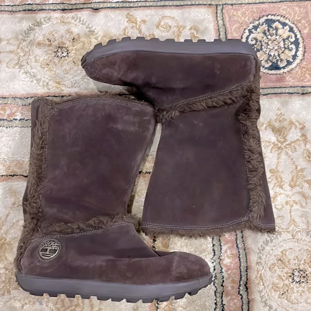 Timberland Mukluk Brown Suede Warm Women’s Sz 5.5M Slip On Faux Fur Winter Boot